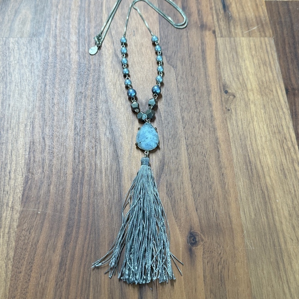 Loft Gold Tone Gray Smoky Druzy Style Long Beaded Tassel Pendant Necklace